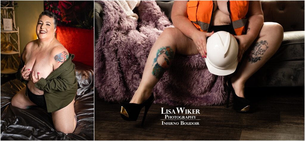 Step into empowerment with Inferno Boudoir in Oshkosh, Wisconsin. In this striking image, a woman dons construction gear, radiating strength and confidence. The artful composition captures her bold individuality, celebrating the beauty of resilience and self-assurance in this unique boudoir photograph.
