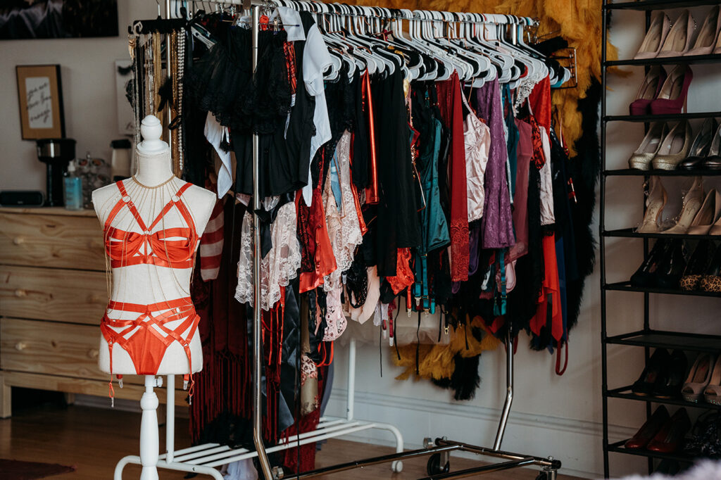 Image of the Client Closet that is available for Inferno Boudoir clients to use during their sessions. Includes a range of sizes from XS to 6XL.