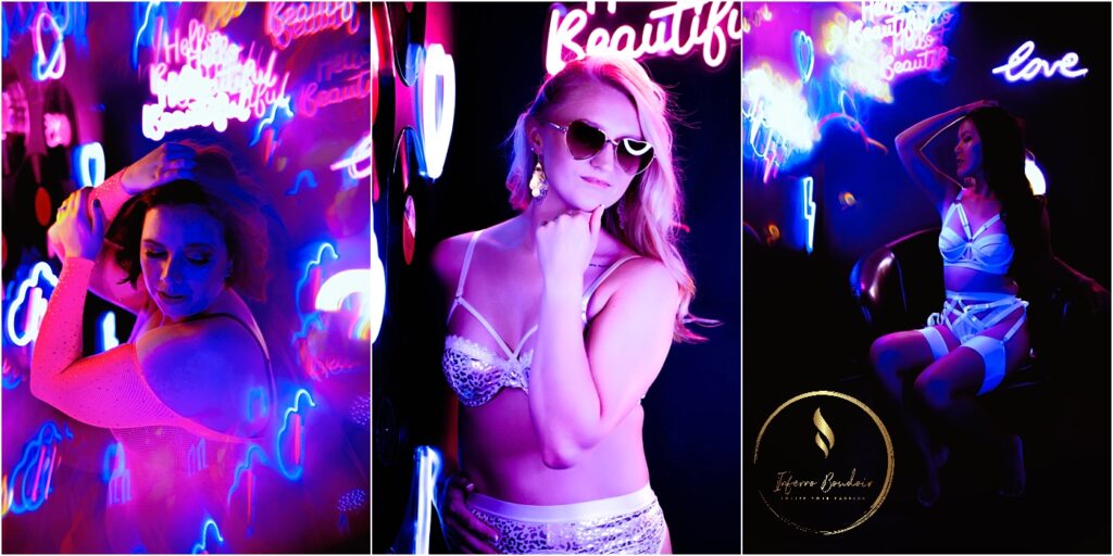 Boudoir style images of women in Neon Alley in Inferno Boudoir located in Downtown Oshkosh, Wisconsin. Neon lights surround the women in the images, creating colorful and fun lighting for their boudoir sessions.