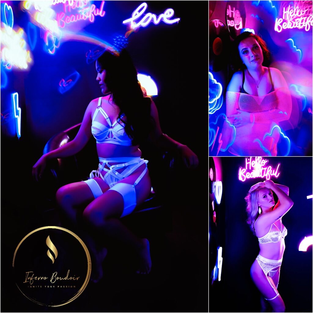 Boudoir style images of women in Neon Alley in Inferno Boudoir located in Downtown Oshkosh, Wisconsin. Neon lights surround the women in the images, creating colorful and fun lighting for their boudoir sessions.